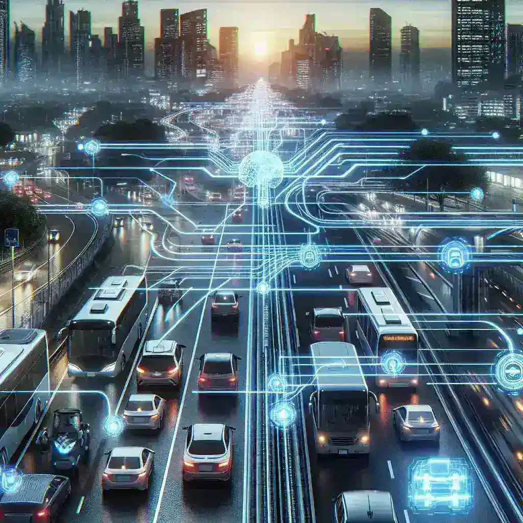 "AI-powered smart transportation network displaying optimized route suggestions on a digital map for enhanced traffic flow and efficiency."