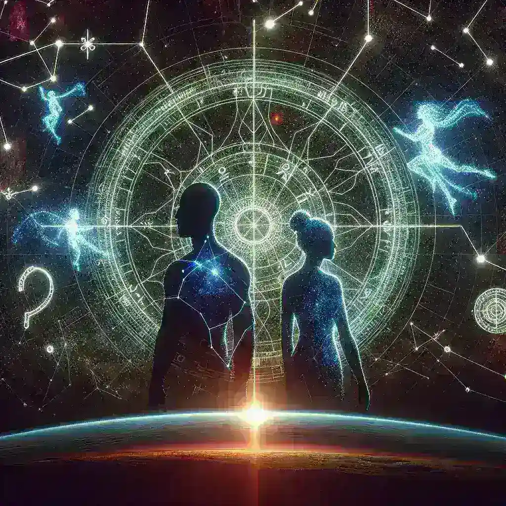 "Astrological compatibility map showcasing AI-generated zodiac signs and characteristics, displayed as a vibrant NFT experience in an article about exploring the intersection of astrology and blockchain technology."